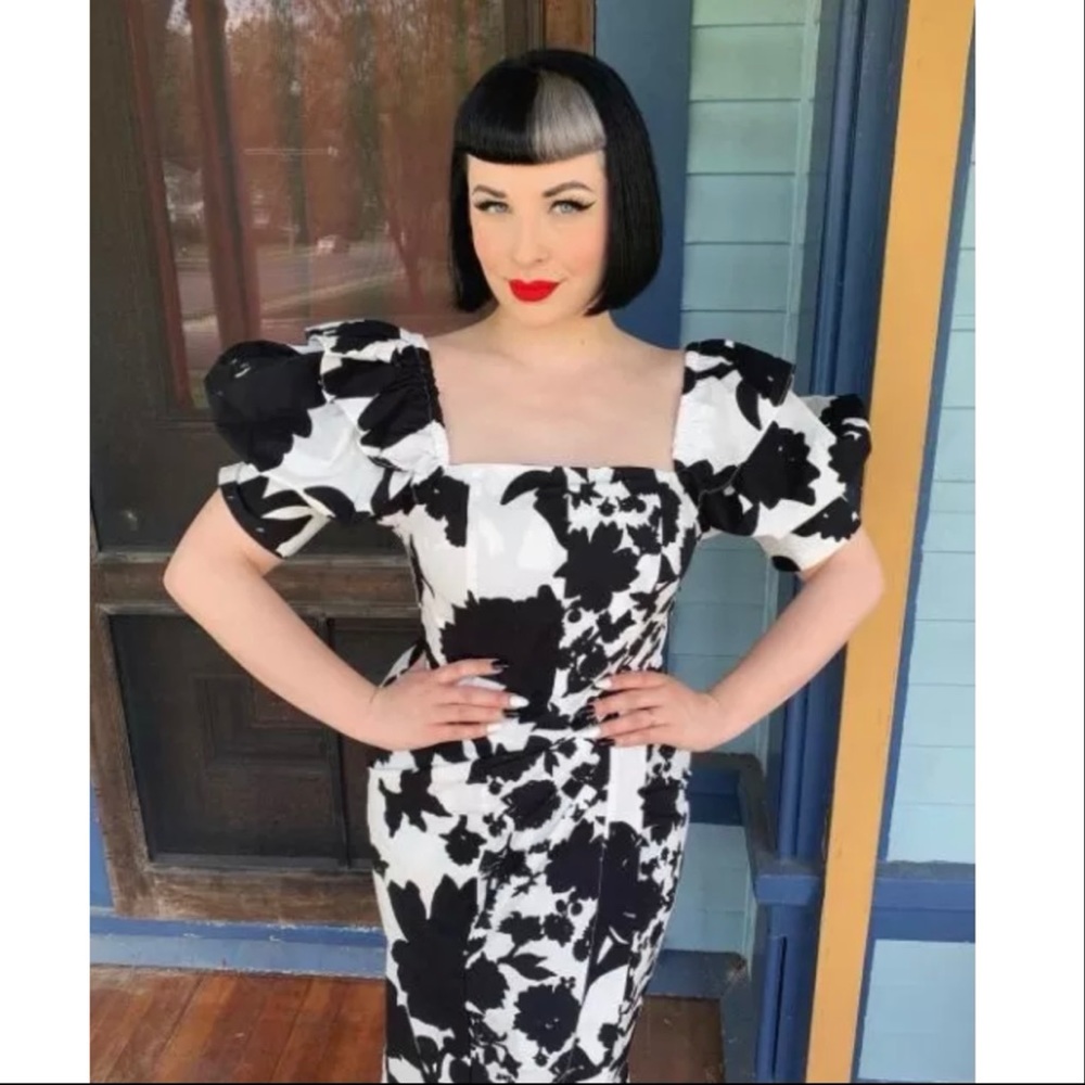 - Floral Puff Sleeve Faux Wrap Dress